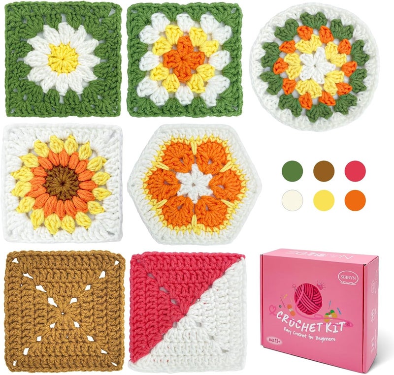 SGIBYN Crochet Kit for Beginners with Step-by-Step Video Tutorials, Granny Squares Beginners Starter Crochet Kit for Women Knitting Kits Learn to Crochet Set (Granny Squares) - Image 1